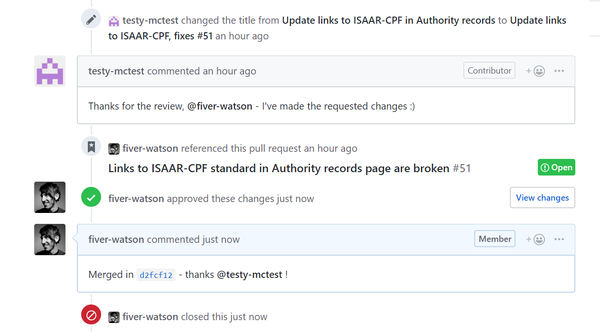 An image of a PR being accepted and closed in GitHub