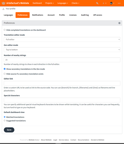Weblate preferences settings page